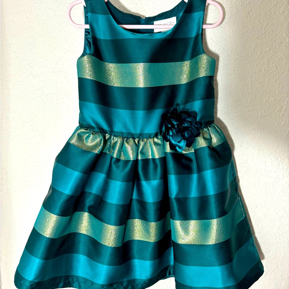 Children’s Place Girls Party Dress Size 4 Green and Gold Stripes